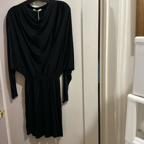 NWT Zara Black Mini Dress with Batwing sleeves, draped neck! Size S US - Picture 1 of 6